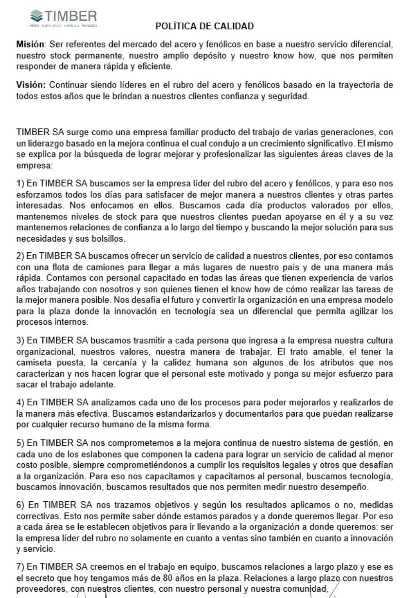 Documento de política de calidad de Timber